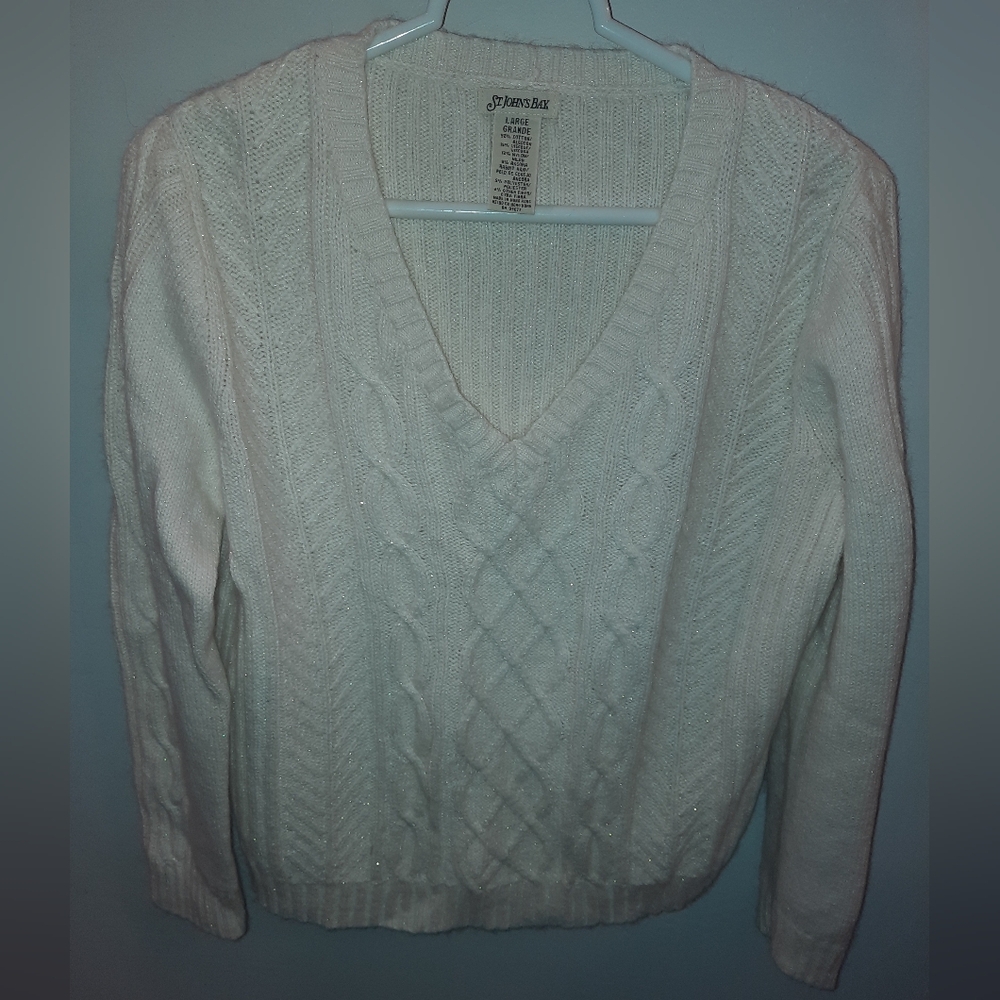 St. Johns Bay Size Large Angora Blend White V-Neck Cable Knit Sweater EU